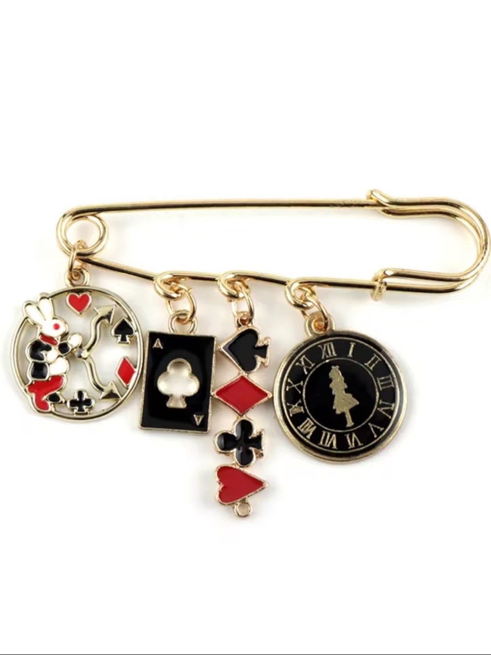 Gold-Tone Alice in Wonderland Card Charm Safety Pin Brooch - Red & Black